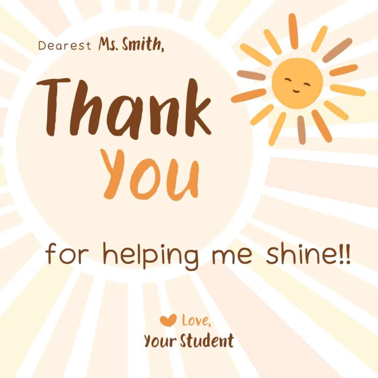 A yellow teacher thank you note with a sun.